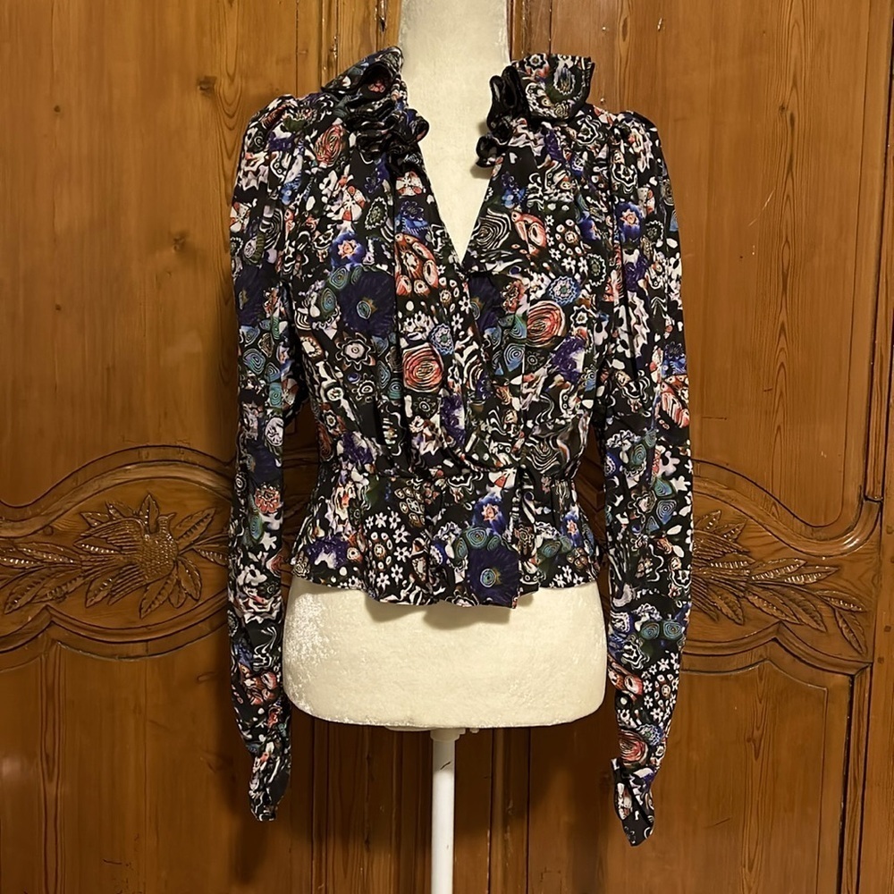 Isabel Marant Black Print Silk Wrap Top Ruffle Collar Peblem Style Hem.  36